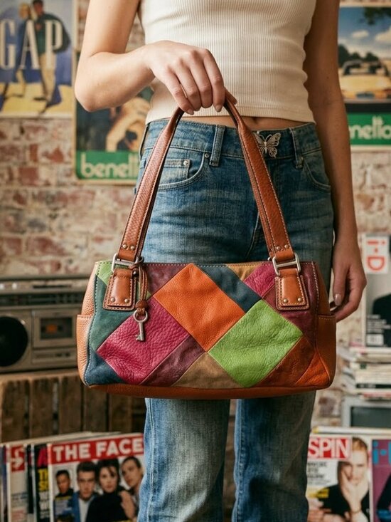 Fossil Handbags - Vintage Fossil Multicolor Patchwork Leather Suede Shoulder Bag Y2K 90s Boho